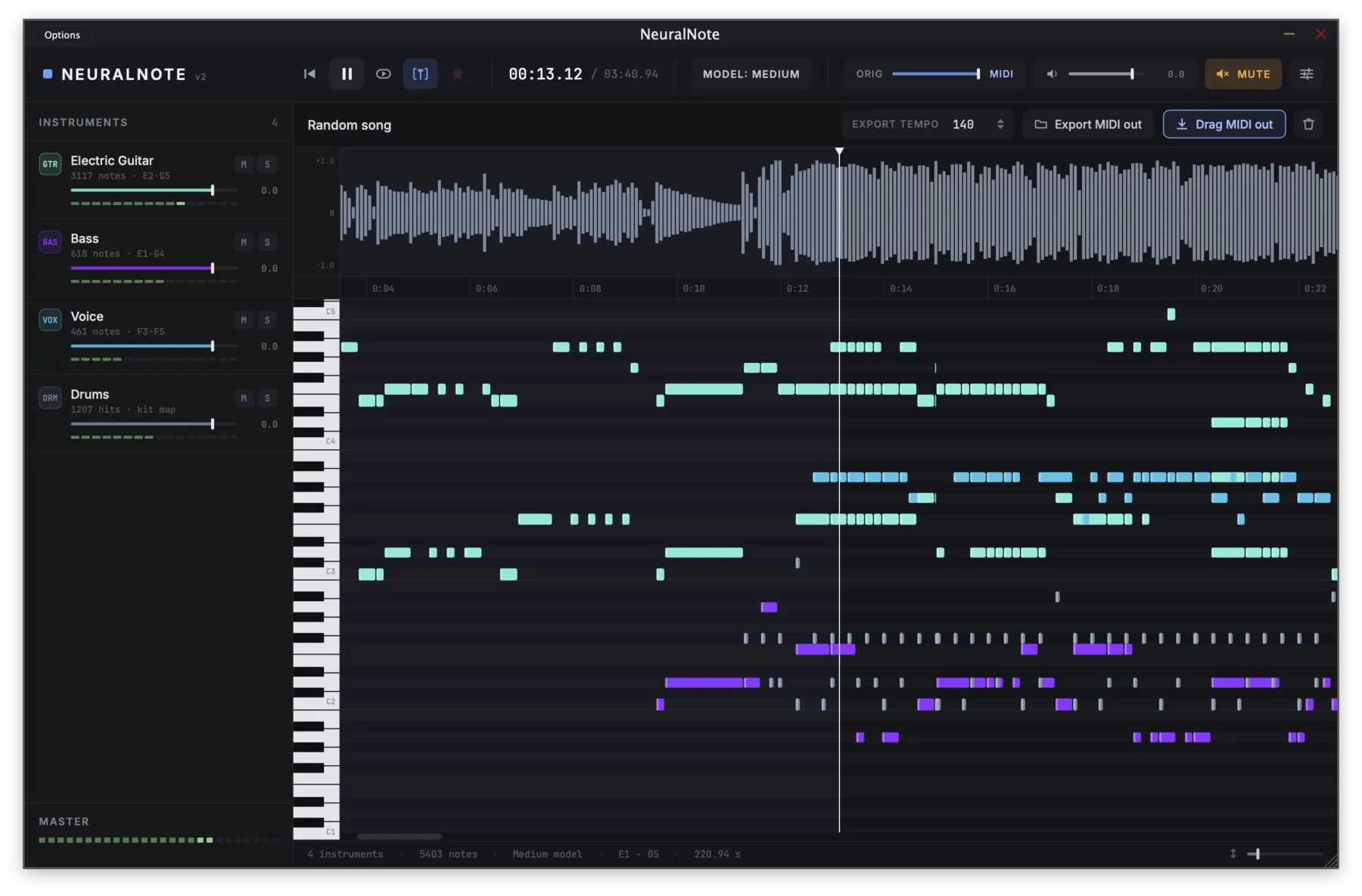The NeuralNote window: an instrument list on the left, the waveform on top and a piano roll with colour-coded notes for guitar, bass, voice and drums.